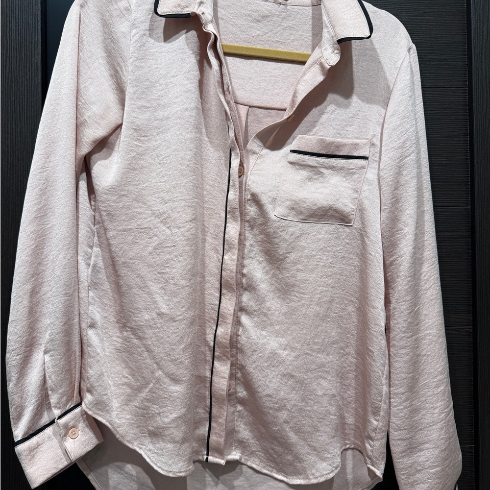 Pink Button-Up Shirt with Black Trim